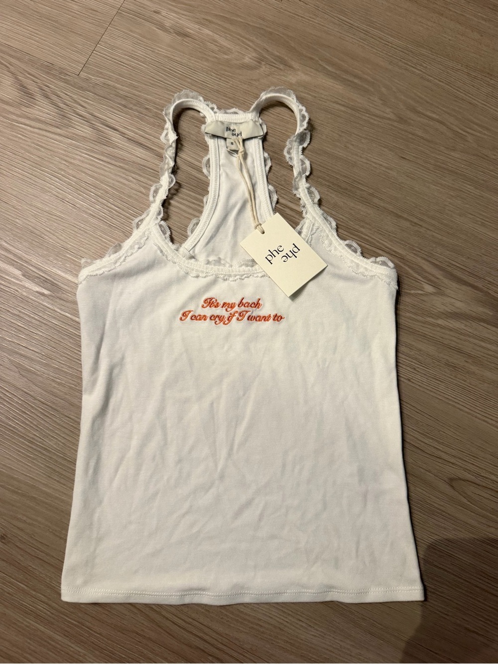 Phe phe White Lace-Trim Racerback Cami with Orange Script